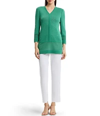 Ming Wang Classic Burnout Medallion Soft Knit V-Neck Bracelet Sleeve Tunic