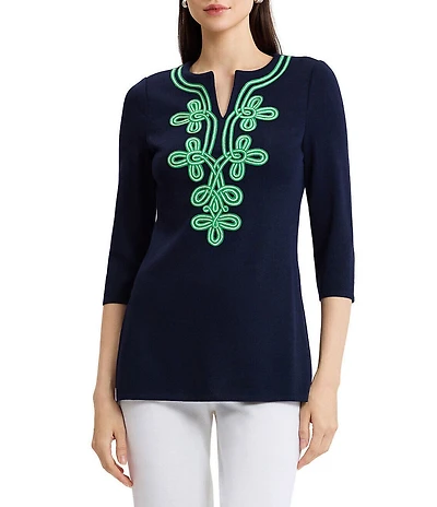 Ming Wang Classic Soutache Soft Knit Split V-Neck 3/4 Sleeve Tunic