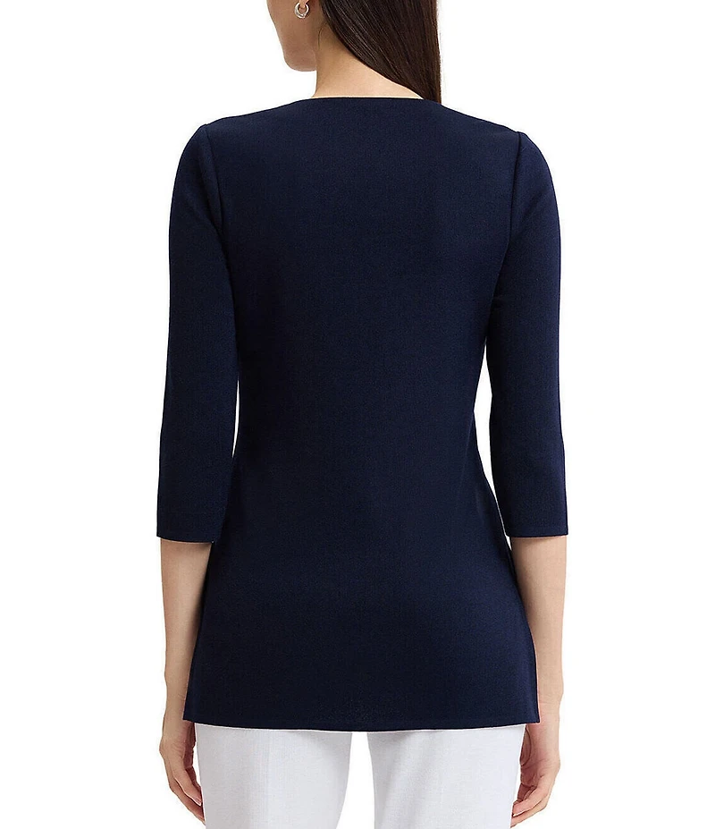 Ming Wang Classic Soutache Soft Knit Split V-Neck 3/4 Sleeve Tunic