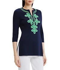 Ming Wang Classic Soutache Soft Knit Split V-Neck 3/4 Sleeve Tunic