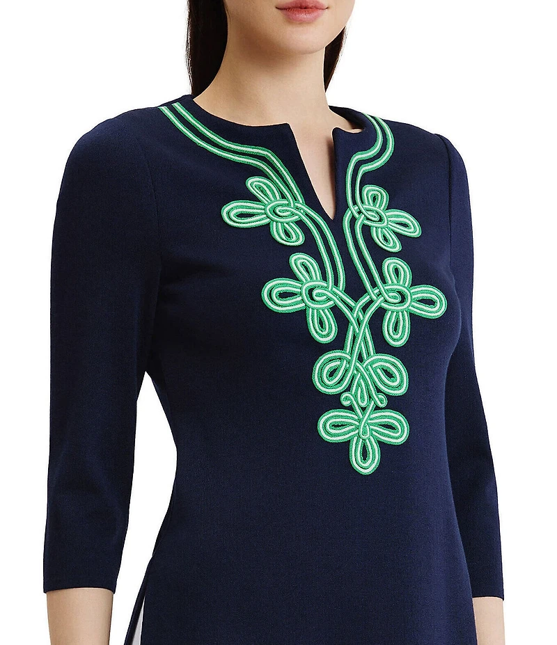 Ming Wang Classic Soutache Soft Knit Split V-Neck 3/4 Sleeve Tunic