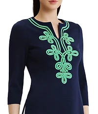 Ming Wang Classic Soutache Soft Knit Split V-Neck 3/4 Sleeve Tunic