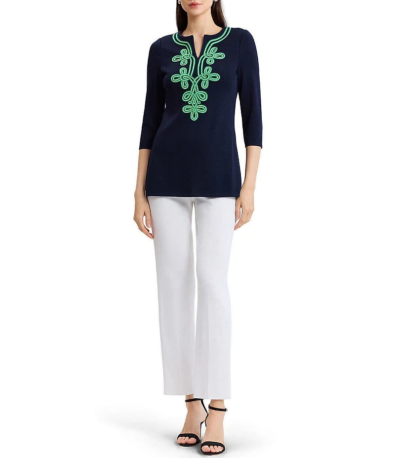 Ming Wang Classic Soutache Soft Knit Split V-Neck 3/4 Sleeve Tunic