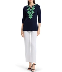 Ming Wang Classic Soutache Soft Knit Split V-Neck 3/4 Sleeve Tunic