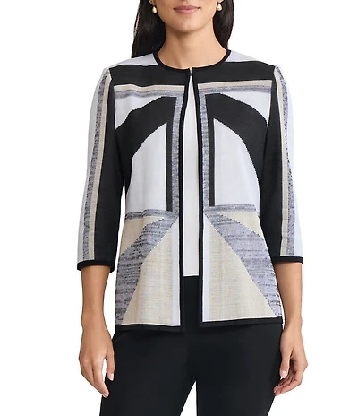 Ming Wang Color Block Heritage Intarsia Knit Crew Neck 3/4 Sleeve Jacket