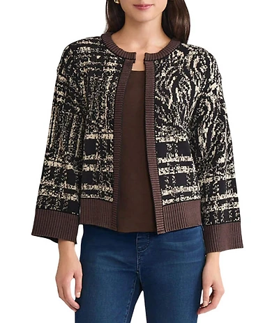 Ming Wang Contrast Cozy Knit Round Neck Bracelet Flare Sleeve Cardigan