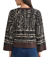 Ming Wang Contrast Cozy Knit Round Neck Bracelet Flare Sleeve Cardigan