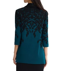 Ming Wang Contrast Floral Cascade Jacquard Knit Wing Collar 3/4 Sleeve Statement Jacket