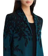 Ming Wang Contrast Floral Cascade Jacquard Knit Wing Collar 3/4 Sleeve Statement Jacket