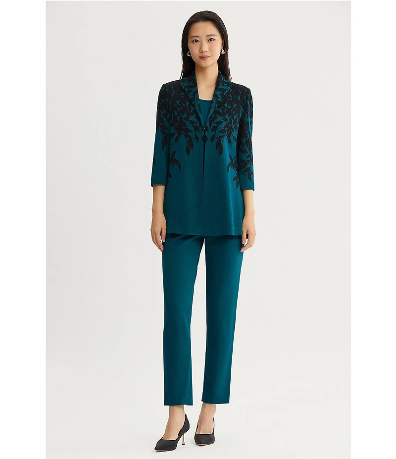 Ming Wang Contrast Floral Cascade Jacquard Knit Wing Collar 3/4 Sleeve Statement Jacket