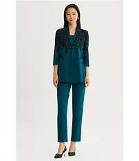 Ming Wang Contrast Floral Cascade Jacquard Knit Wing Collar 3/4 Sleeve Statement Jacket