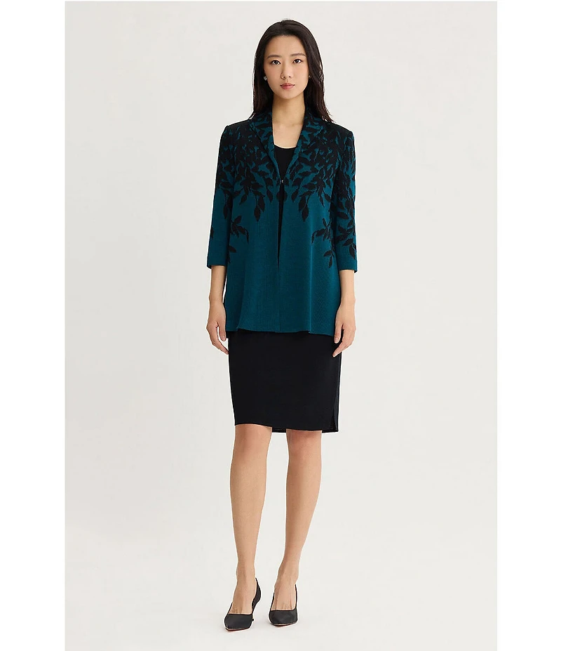Ming Wang Contrast Floral Cascade Jacquard Knit Wing Collar 3/4 Sleeve Statement Jacket