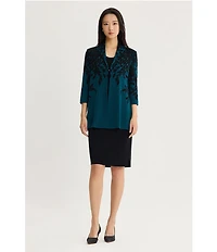 Ming Wang Contrast Floral Cascade Jacquard Knit Wing Collar 3/4 Sleeve Statement Jacket