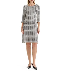 Ming Wang Contrast Stitch Tweed Knit Square Neck Elbow Sleeve A-Line Dress