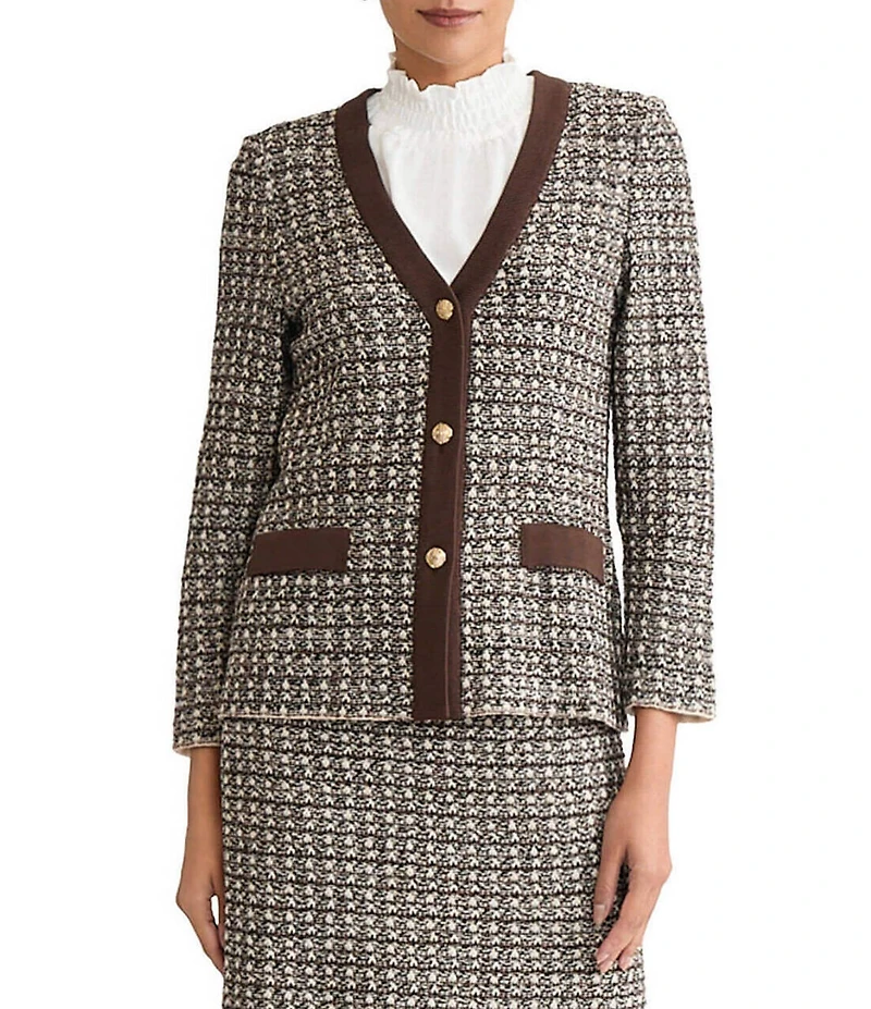 Ming Wang Contrast Trim Tweed Knit V-Neck Bracelet Sleeve Blazer