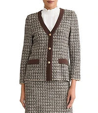 Ming Wang Contrast Trim Tweed Knit V-Neck Bracelet Sleeve Blazer