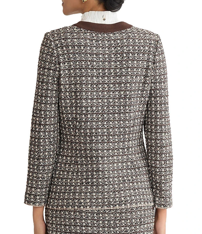 Ming Wang Contrast Trim Tweed Knit V-Neck Bracelet Sleeve Blazer