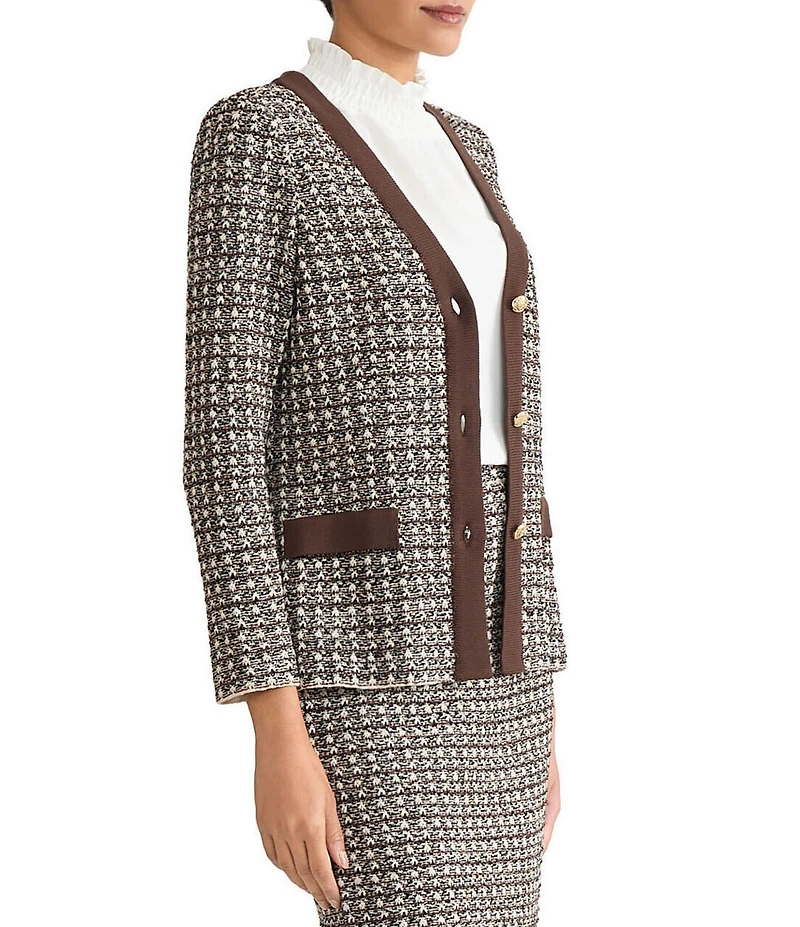 Ming Wang Contrast Trim Tweed Knit V-Neck Bracelet Sleeve Blazer