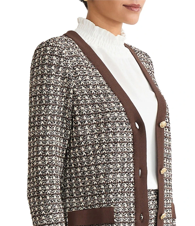 Ming Wang Contrast Trim Tweed Knit V-Neck Bracelet Sleeve Blazer