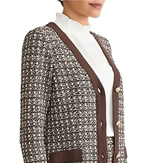 Ming Wang Contrast Trim Tweed Knit V-Neck Bracelet Sleeve Blazer