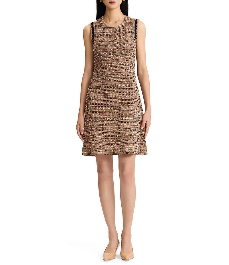 Ming Wang Coordinating Eyelash Tweed Knit Round Neck Sleeveless A-Line Dress