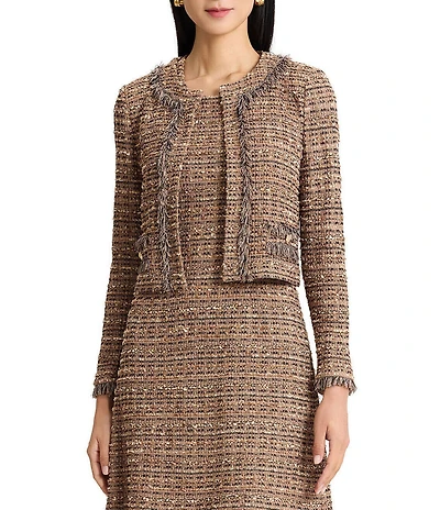 Ming Wang Coordinating Eyelet Tweed Knit Long Sleeve Cropped Jacket