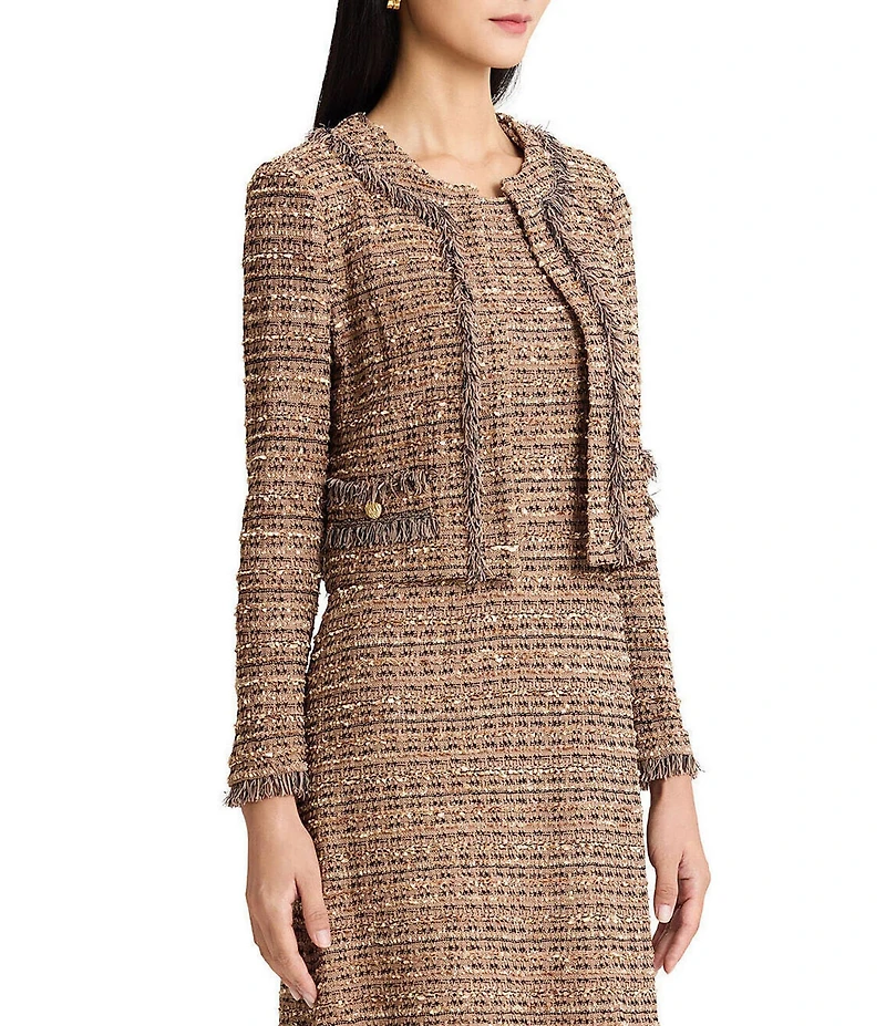 Ming Wang Coordinating Eyelet Tweed Knit Long Sleeve Cropped Jacket