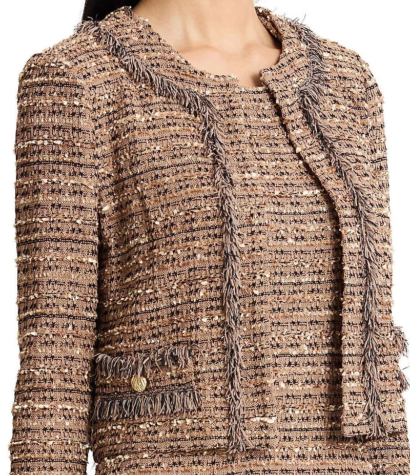 Ming Wang Coordinating Eyelet Tweed Knit Long Sleeve Cropped Jacket