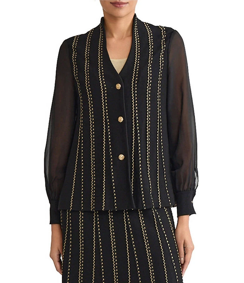 Ming Wang Coordinating Lurex Soft Knit Stripe Collar V-Neck Sheer Long Sleeve Cardigan