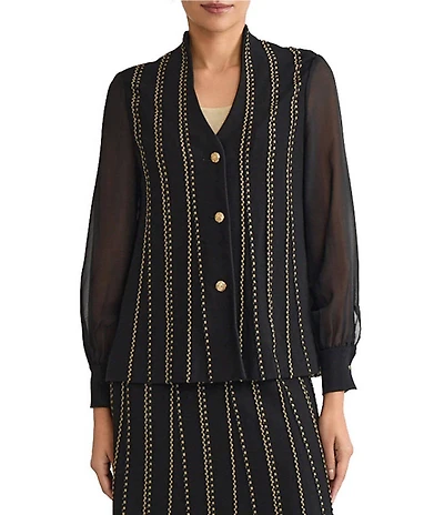 Ming Wang Coordinating Lurex Soft Knit Stripe Collar V-Neck Sheer Long Sleeve Cardigan