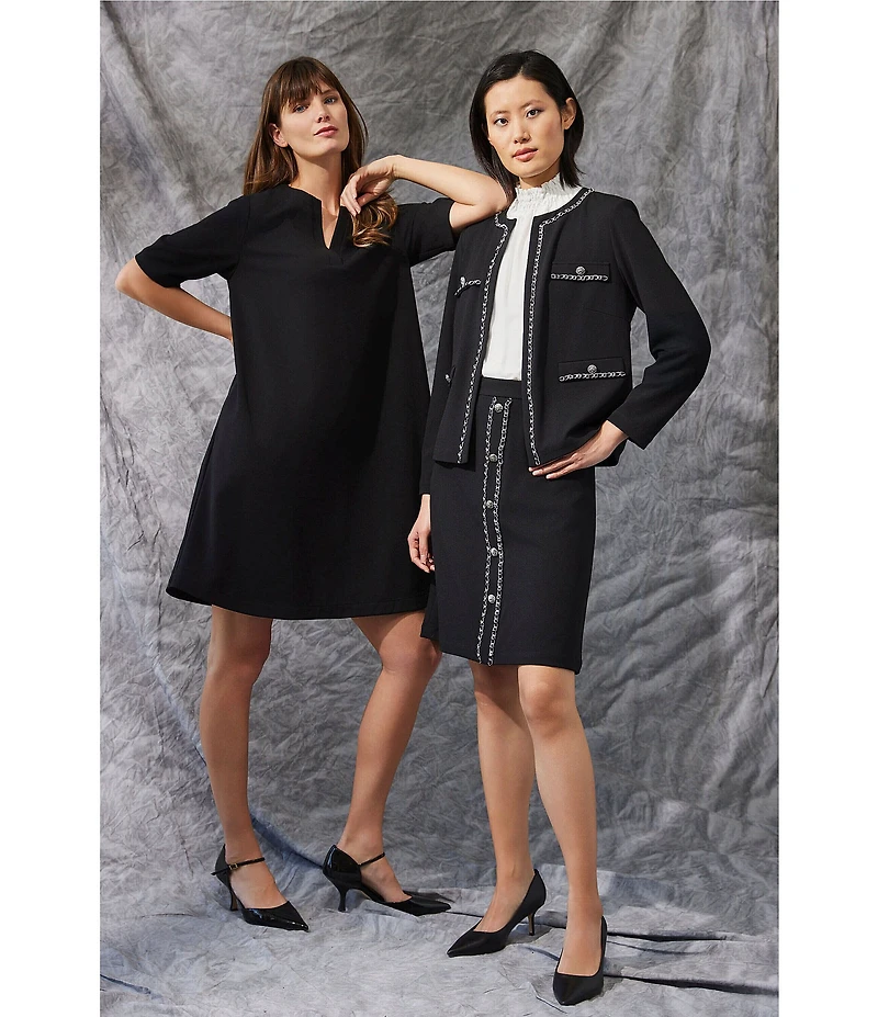 Ming Wang Cotton Mandarin Collar Zip Front 3/4 Sleeve Dress
