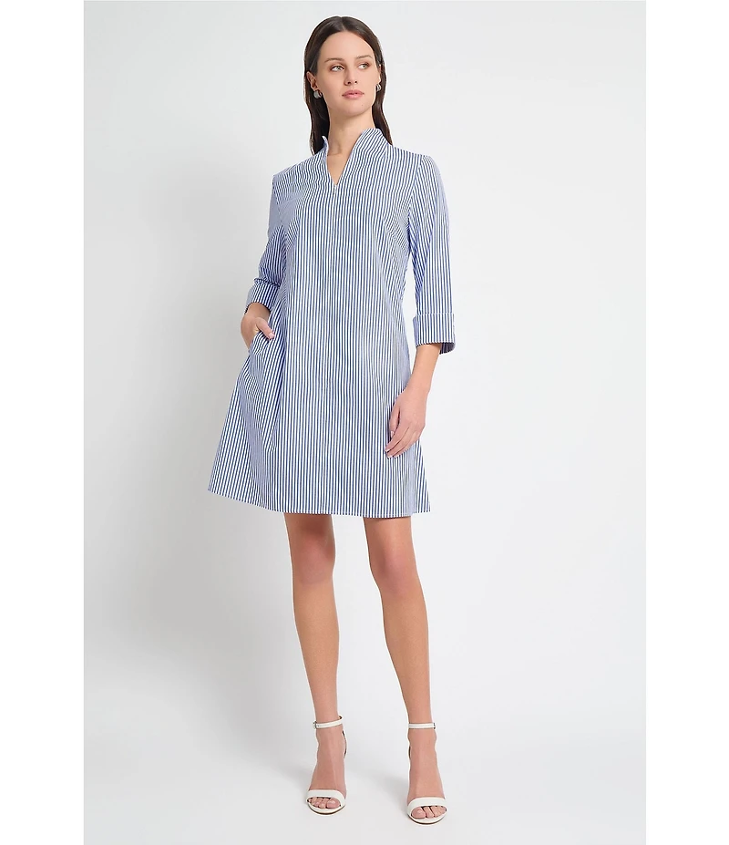 Ming Wang Cotton Stripe Mandarin Collar Zip Front 3/4 Sleeve Dress