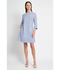 Ming Wang Cotton Stripe Mandarin Collar Zip Front 3/4 Sleeve Dress