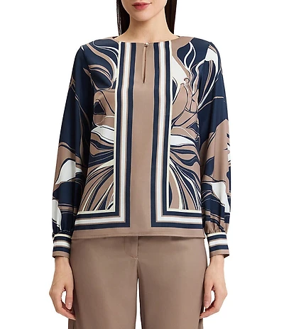 Ming Wang Crepe de Chine Abstract Floral Print Keyhole Neck Long Sleeve Coordinating Blouse