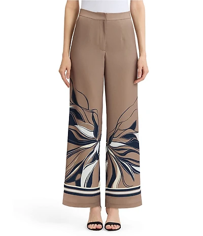 Ming Wang Crepe de Chine Floral Abstract Placement Print Elastic Back Waist Pants