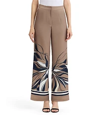 Ming Wang Crepe de Chine Floral Abstract Placement Print Elastic Back Waist Pants
