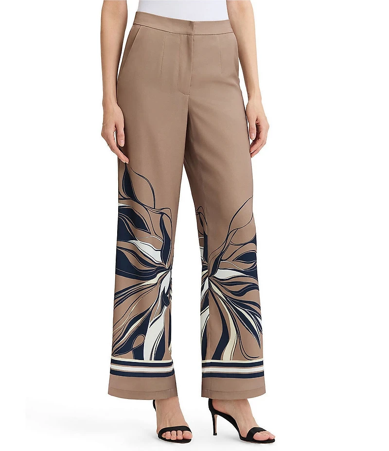 Ming Wang Crepe de Chine Floral Abstract Placement Print Elastic Back Waist Pants