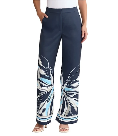 Ming Wang Crepe De Chine Floral Print Wide Leg Pants