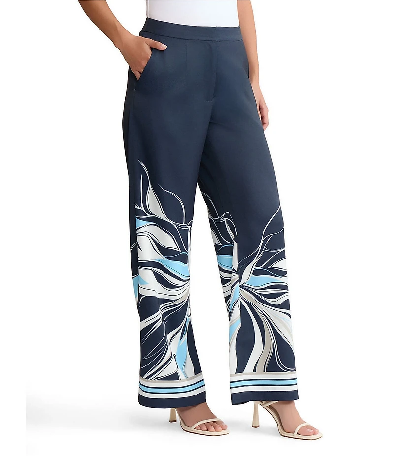 Ming Wang Crepe De Chine Floral Print Wide Leg Pants