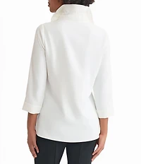 Ming Wang Crepe De Chine Ruffle Neck 3/4 Sleeve Button Front Top