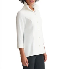 Ming Wang Crepe De Chine Ruffle Neck 3/4 Sleeve Button Front Top