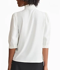 Ming Wang Crepe De Chine Ruffle Neck Elbow Sleeve Button Front Blouse