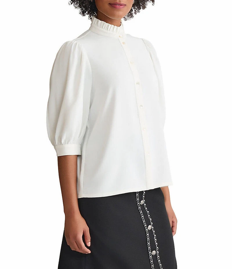 Ming Wang Crepe De Chine Ruffle Neck Elbow Sleeve Button Front Blouse