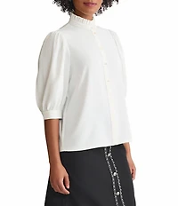 Ming Wang Crepe De Chine Ruffle Neck Elbow Sleeve Button Front Blouse
