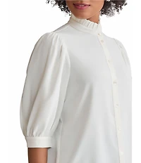 Ming Wang Crepe De Chine Ruffle Neck Elbow Sleeve Button Front Blouse