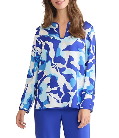 Ming Wang Crepe De Chine Split U-Neck Long Sleeve Blouse
