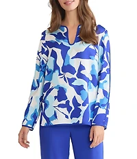 Ming Wang Crepe De Chine Split U-Neck Long Sleeve Blouse