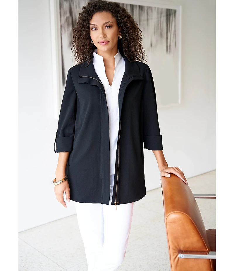 Ming Wang Deco Crepe 3/4 Sleeve Zip Front Jacket