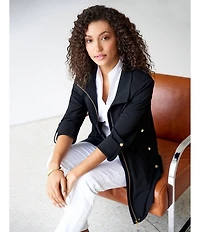 Ming Wang Deco Crepe 3/4 Sleeve Zip Front Jacket