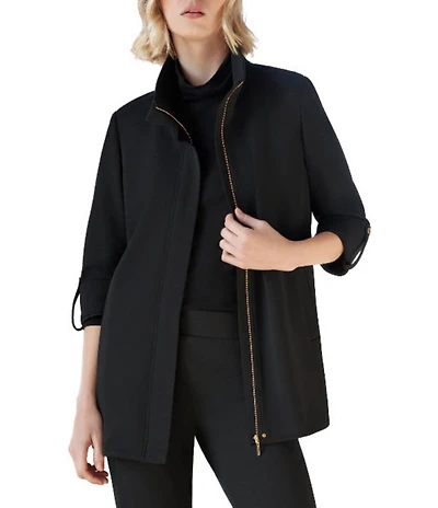Ming Wang Deco Crepe 3/4 Sleeve Zip Front Jacket